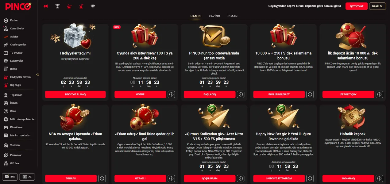 Pinco hesabına daxil olduqdan sonra mövcud aksiyalar